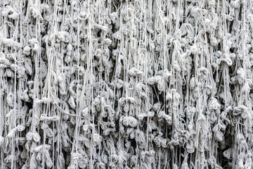 Obraz premium Pattern of holy thread background. Many white tassels made of many tied holy threads for pray and merit of Thai culture and religion. Skein of white yarn on neutral background. Cotton line texture.