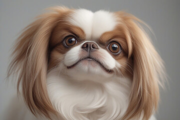 Fantastic close-up photo of a cute funny Japanese Chin on a light background.