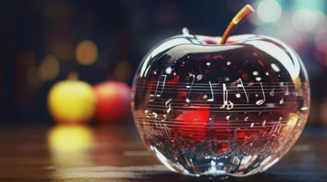 musical note symbol inside an apple made of crystal. 4k animation video.