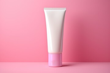 Immaculate white tube with a pink cap stands out against a vibrant pink background, embodying modern skincare design and simplicity