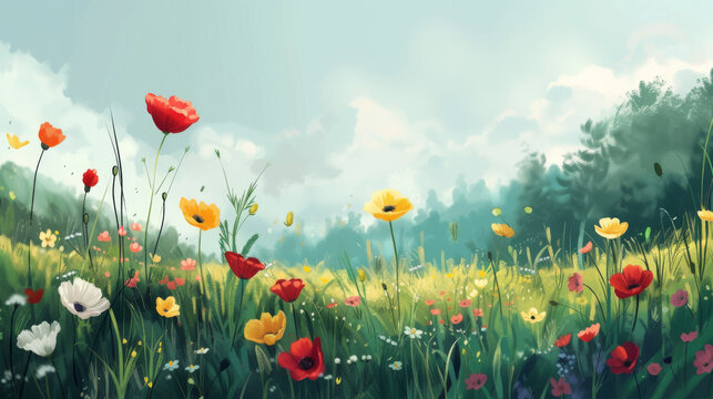 A picturesque spring landscape filled with vibrant poppies and coquelicots swaying in the gentle breeze, surrounded by lush green grass and under a clear blue sky