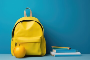 Vivid yellow backpack, sharpened pencils, and neatly stacked textbooks, books rest on a blue surface against a matching blue background