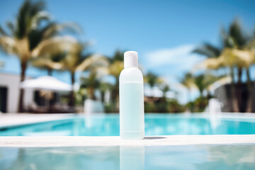 Close up of a tube of sunscreen sits by the pool, promising a cool reprieve under the tropical palms' gentle sway, blurred poolside background