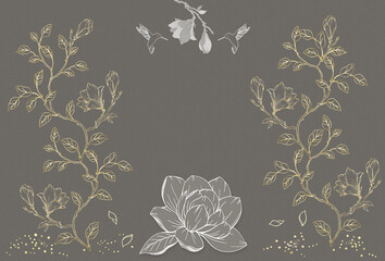 Elegant coffee -gold colors wedding invitation template or greeting card for young couple with flying hummingbirds and frame from magnolia tree branches with flowers. Free copy space