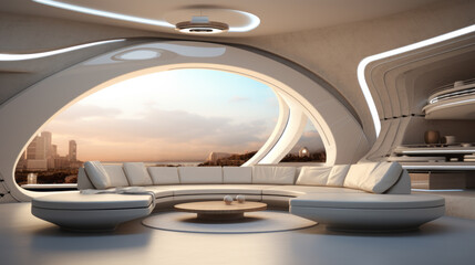 Futuristic large Living room in very refined style mainly in light grey color with large rings for white lighting and a wide view on a big city
