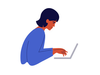 Female person working using laptop. Young woman creator, project manager assistant, blogger, social media worker. Home office work vector illustration. Networking, technology, software, online support