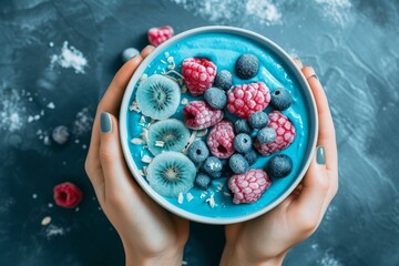 Woman holding blue smoothie bowl with blue spirulina powder frozen berries and dragon fruit - Powered by Adobe