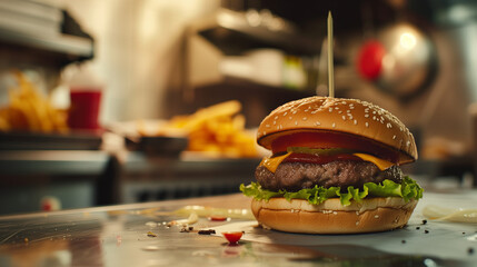 Cheeseburger in the kitchen window  - obrazy, fototapety, plakaty