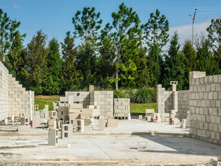 Masonry at an early stage on concrete slab foundation of a new single-family house in a suburban residential development on a sunny afternoon in southwest Florida