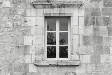 a window on a limestone wall, a black and white photo of a window and a bench