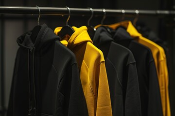 black and yellow hoodie t-shirts hanging on a rack, close-up of a rack of jackets hanging on a rail