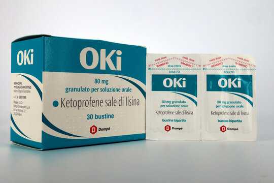 Italy &ndash; February 14, 2024: OKI medicine with a solution of the ketoprofen lysine salt. Oki is a brand of Domp&eacute; Farmaceutici S.p.A. - Italy
