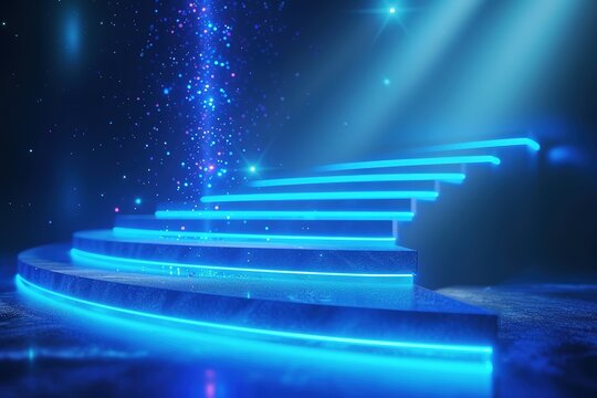 Winding staircase made of blue neon strips ascends to the platform, shimmering particles floating around the steps. 