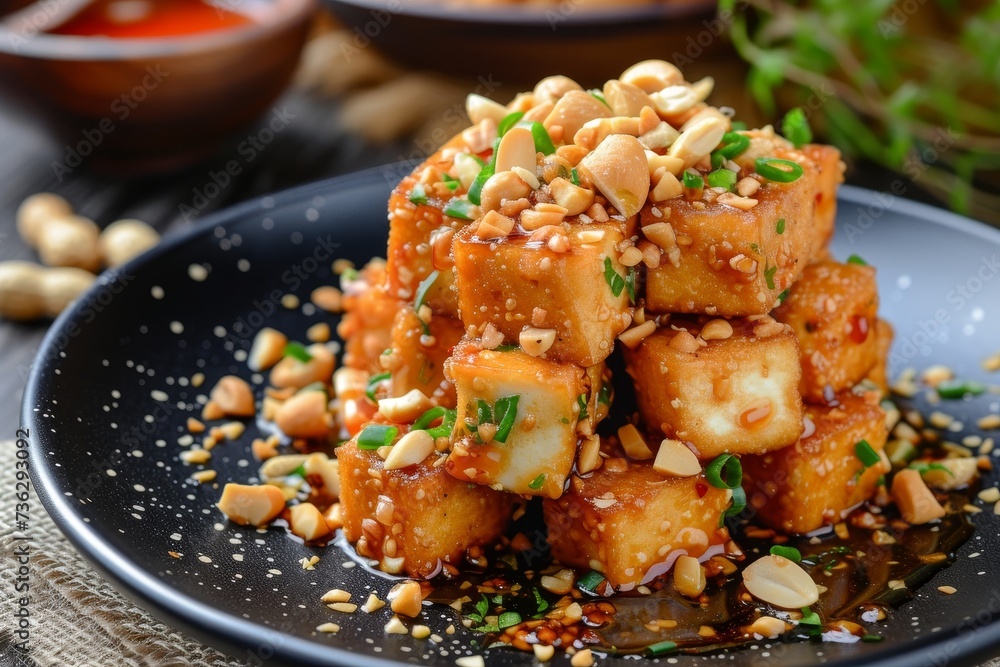 Canvas Prints tofu is topped with peanuts and sweet sauce on a black plate a popular dish at the vegetarian festiv