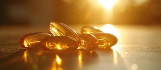 Fish oil capsules reflect sunlight for a healthy diet.