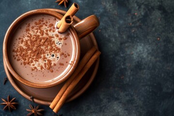 Top view of a square image showing a vintage mug of hot chocolate with cinnamon sticks on a dark...