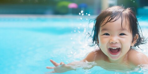 Fototapeta na wymiar Happy Asian baby girl laughing and playing in the resort pool with her family