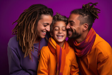 Family shares a close moment, their joyful smiles and vivid attire against a purple background radiating love and happiness