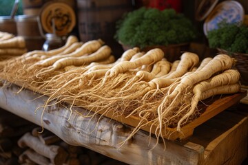 Stacked ginseng roots on wooden tray known for health benefits - obrazy, fototapety, plakaty