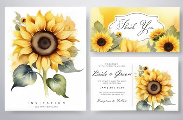 Set isolated on gray background. Watercolor sunflowers wedding invitation card set. Summer yellow blossom flowers collection. Abstract background invitation, multi-purpose vector
