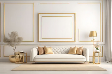 Blank picture frame on a wall for showcasing art in an elegant design and luxurious all-white living room with gold accents design.