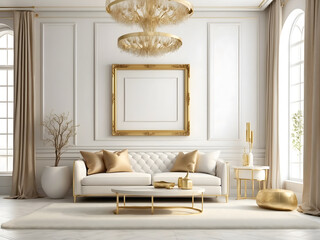 Blank picture frame on a wall for showcasing art in an elegant design and luxurious all-white living room with gold accents design.