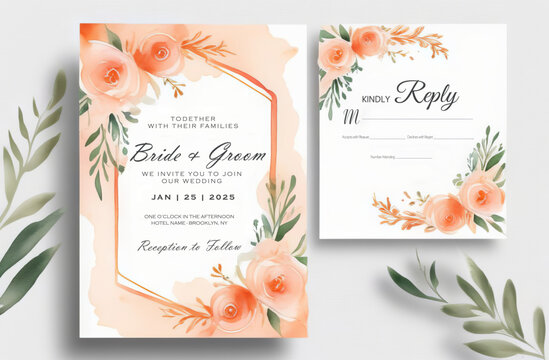 Abstract background invitation, reply card, multi-purpose vector. Watercolor peach colored wedding invitation card template set with floral decoration.