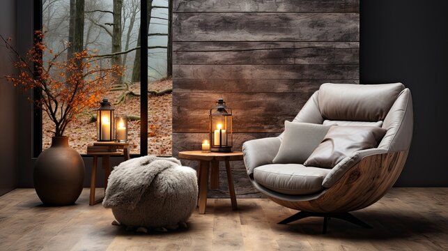 Fototapeta Stylish scandinavian living room with armchair, loft modern home decor style