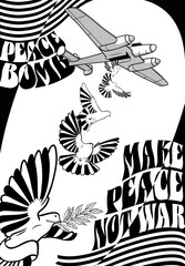 Affiche sur la liberté. Avion qui jette des colombes à la place de bombes. Poster psychédélique en noir et blanc sur la paix.