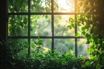 Lush greenery and natural light streaming through a large window.