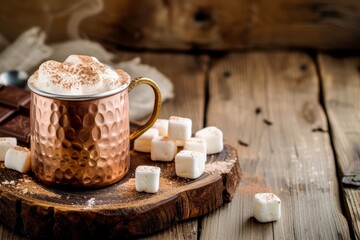 Fototapeta na wymiar Vintage style dessert Marshmallow and hot chocolate in a copper cup on a wooden table Copy space available for text