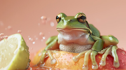 Realistic frog on a peach fuzz pantone 2024 background