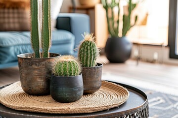 Round coffee tables with straw mats and cactuses in metal flowerpots in a modern apartment seen from a close viewpoint