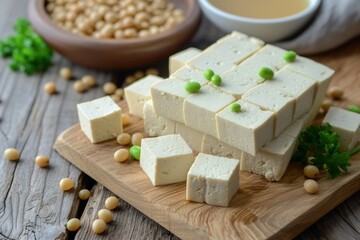 Soy bean topped tofu on a wooden surface