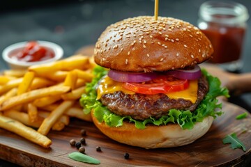 Tempting burger presentation with crispy patty melted cheese fresh lettuce and rich sauce served with golden fries Enjoy the aroma and taste