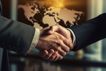 Global Business Handshake with World Map - obrazy, fototapety, plakaty
