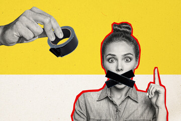 Photo collage picture young stressed girl closed mouth tape censorship shut up discrimination silence offense drawing background