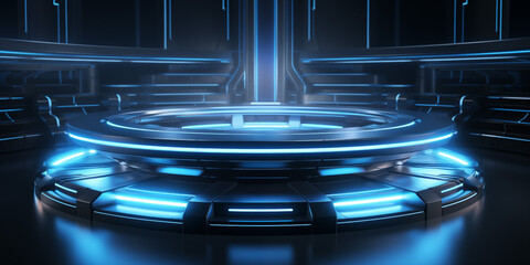 light blue round podium and blue background for mock up realistic image, realistic dark platform stage with empty pedestal on dark background