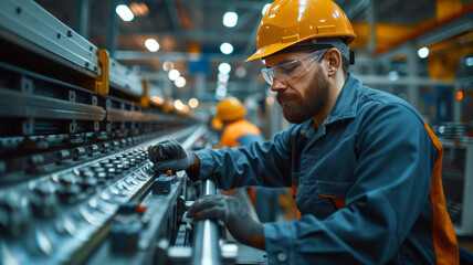 High angle view, in a clean modern factory, engineers working on high tech machines,generative ai