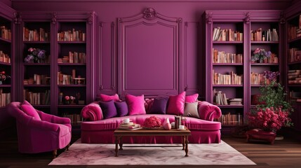The background of the bookcases is in Fuschia color.