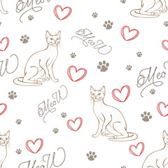 Cute seamless pattern with cats and hearts