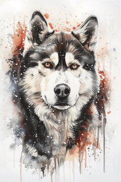 Watercolor portrait of a cute husky dog.