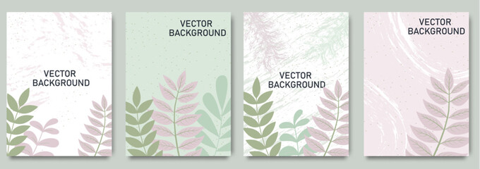 Neutral backgrounds  floral elements with brush texture in pastel colors. Editable vector template for wedding, invitation, social media post, card, cover, poster, mobile apps, web ads