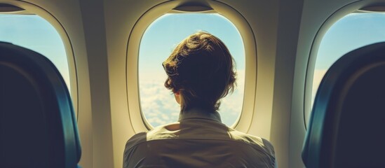 Thoughtful businessperson observing airplane window.