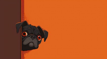 La tête d'un chien de race bouledogue français sur un fond coloré orange, image avec espace pour texte.