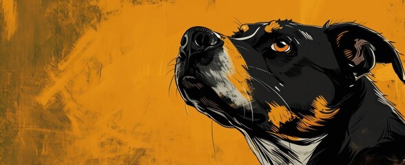 Le portrait d'un chien sur un fond orange, image avec espace pour texte.