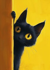 La t&ecirc;te d'un chat noir sur un fond jaune uni.