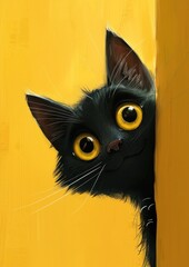 La tête d'un chat noir sur un fond jaune uni.