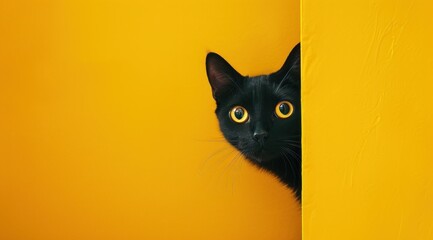 La tête d'un chat noir sur un fond jaune uni, image avec espace pour texte. - obrazy, fototapety, plakaty