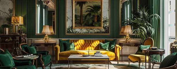 Contemporary gold and green interior design for living room - obrazy, fototapety, plakaty